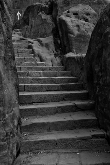 black and white image of stone staircase,petra