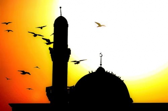 silhouette of mosque in sunset with birds