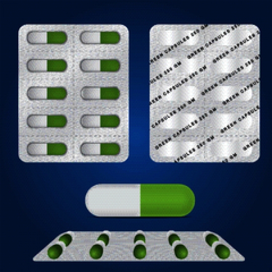 set of capsules packed in blister on blue background