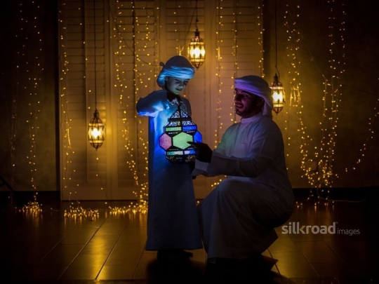Father with son and ramadan lantern|-