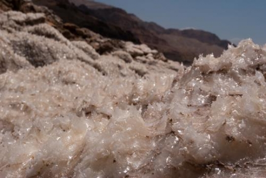 Crystalic salt on a rocks near beach in the Dead Sea, Jordan
