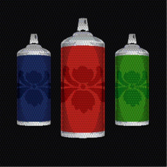 set of aerosol spray bottle in multi colored design on black