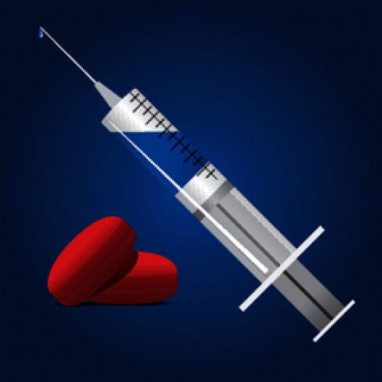 vector image of syringe and pills on blue background