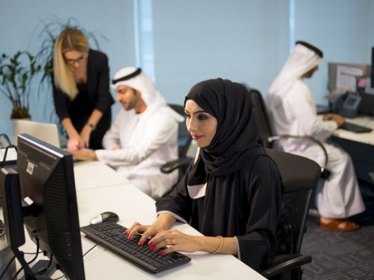 Business women and business men sitting by their desks working|