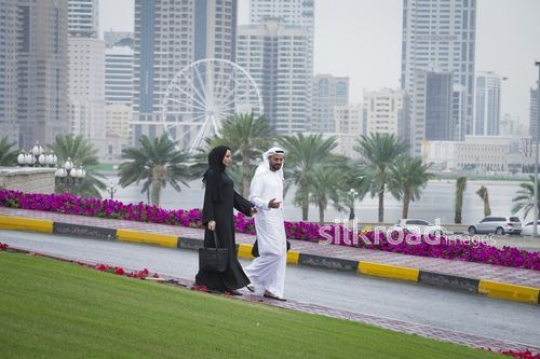 Middle Eastern Businessman and Businesswoman walking together outside|-