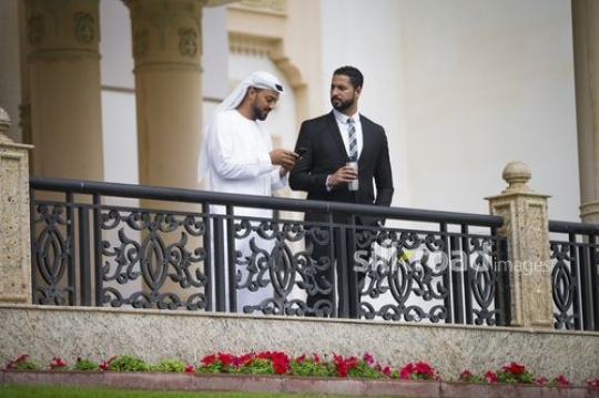Businessman using his mobile standing next to his colleague|-