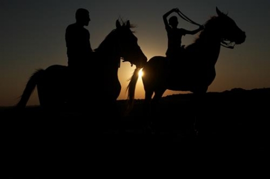two men with horse in a negev,