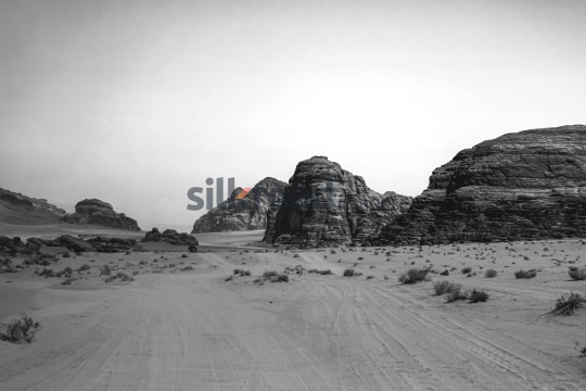 Black and White Landscape of Wadi Rum Desert, Jordan with Rocky Formations