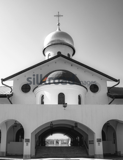 Black and White View of Madaba Church with Dome and Cross