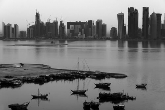 black and white image of dhows in doha bay,qatar