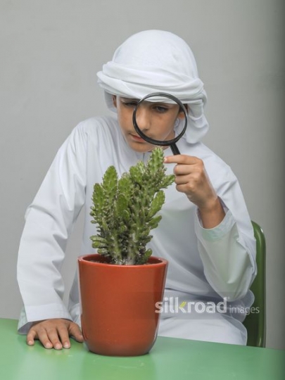 Arabian boy zooming into plant
