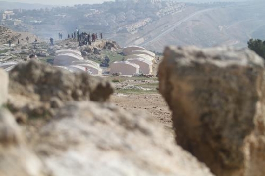 Palestinian demonstrators camping at Bab al-Shams or Gate of the Sun in Arabic, in a bid to draw attention to Israeli plans to boost settlement building in the West Bank area.