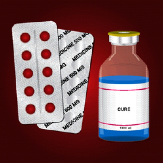 medical ampoules with pack of pills isolated on a  red background