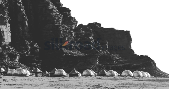 Wadi Rum Desert Camps and Rock Formation in Black and White